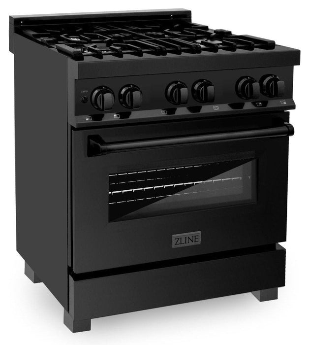 ZLINE Appliance Package - 30 in. Dual Fuel Range, Range Hood, Microwave & Dishwasher in Black Stainless Steel, 4KP-RABRH30-MWDW