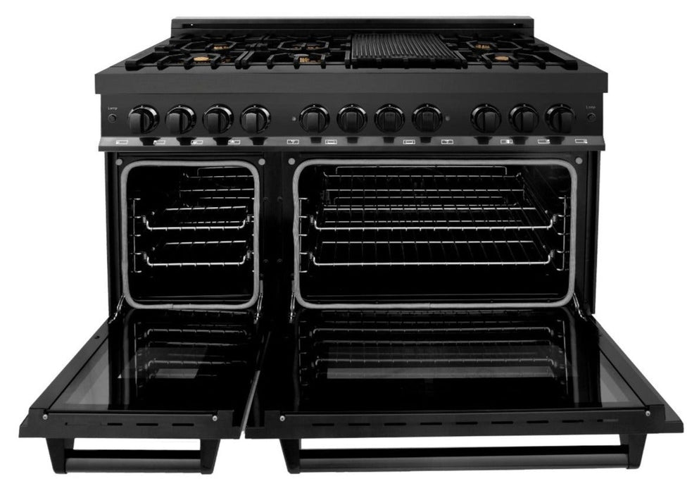 ZLINE Appliance Package - 48 in. Dual Fuel Range, Range Hood, Microwave Drawer, Refrigerator in Black Stainless, 4KPR-RABRH48-MW