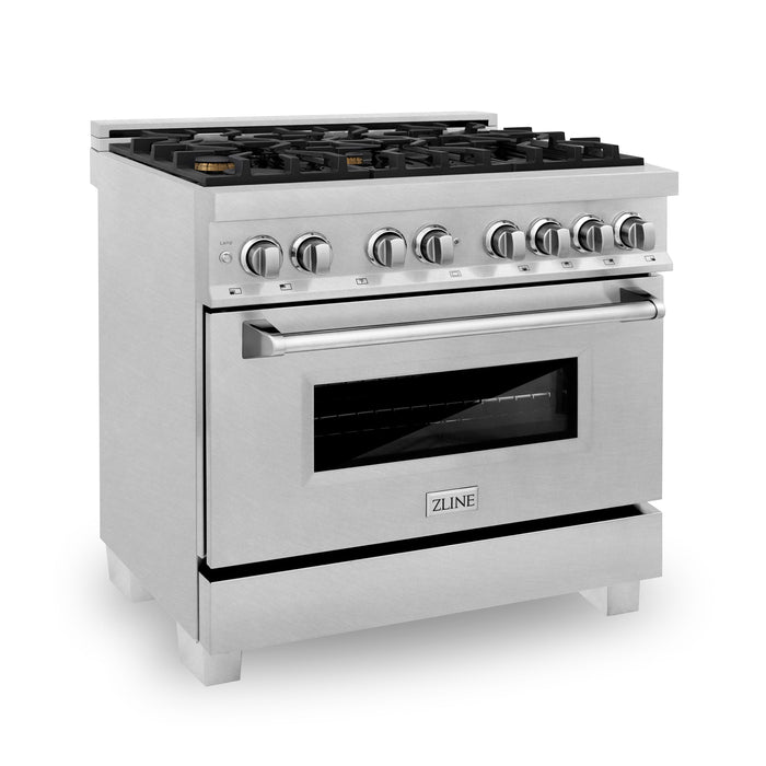 ZLINE Kitchen and Bath 36 in. Professional Gas Burner/Electric Oven in DuraSnow® Stainless with Brass Burners, RAS-SN-BR-36