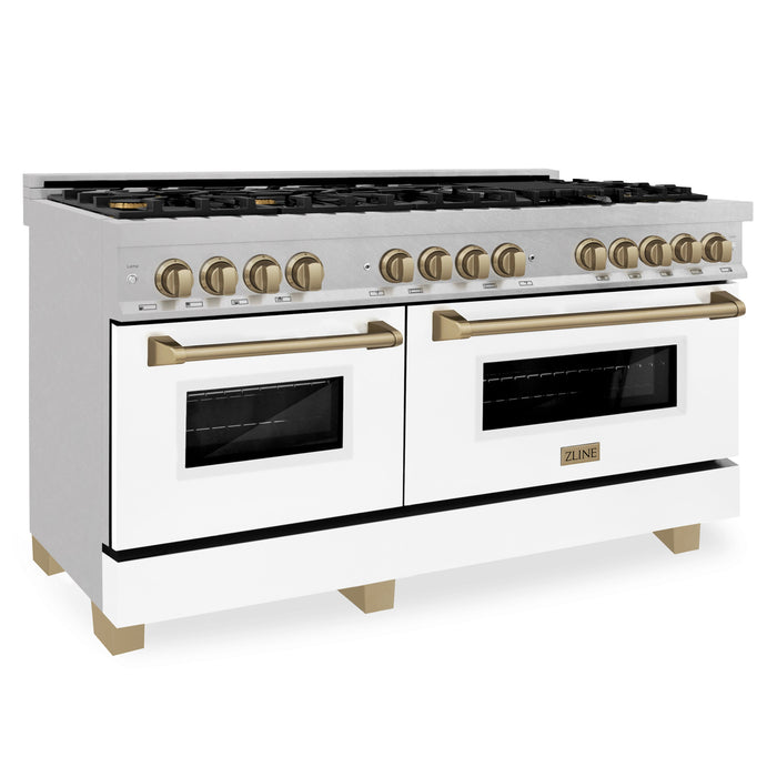 ZLINE 60" Autograph Edition Dual Fuel Range in DuraSnow® Stainless Steel with White Matte Doors and Champagne Bronze Accents, RASZ-WM-60-CB