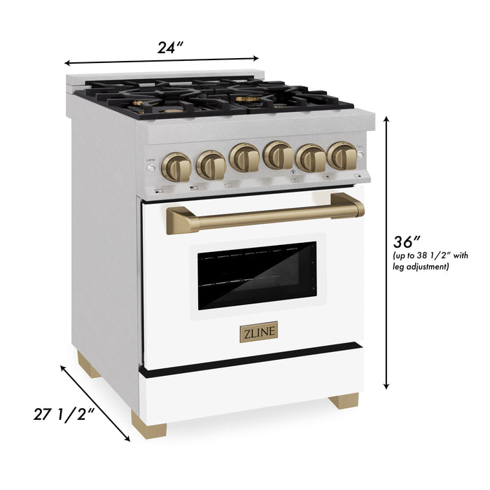 ZLINE 24" Autograph Edition All Gas Range in DuraSnow® Stainless Steel with White Matte Door and Gold Accents, RGSZ-WM-24-CB