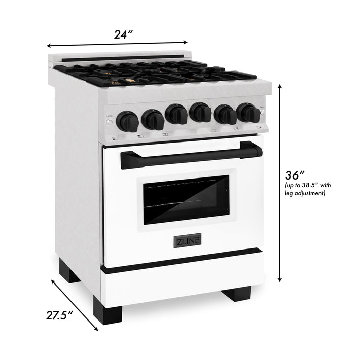 ZLINE 24" Autograph Edition All Gas Range in DuraSnow® Stainless Steel with White Matte Door and Matte Black Accents, RGSZ-WM-24-MB