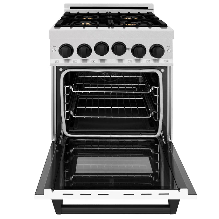 ZLINE 24" Autograph Edition All Gas Range in DuraSnow® Stainless Steel with White Matte Door and Matte Black Accents, RGSZ-WM-24-MB