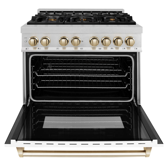 ZLINE 36" Autograph EditionDual Fuel Range in DuraSnow® Stainless Steel with White Matte Door and Gold Accents, RASZ-WM-36-G