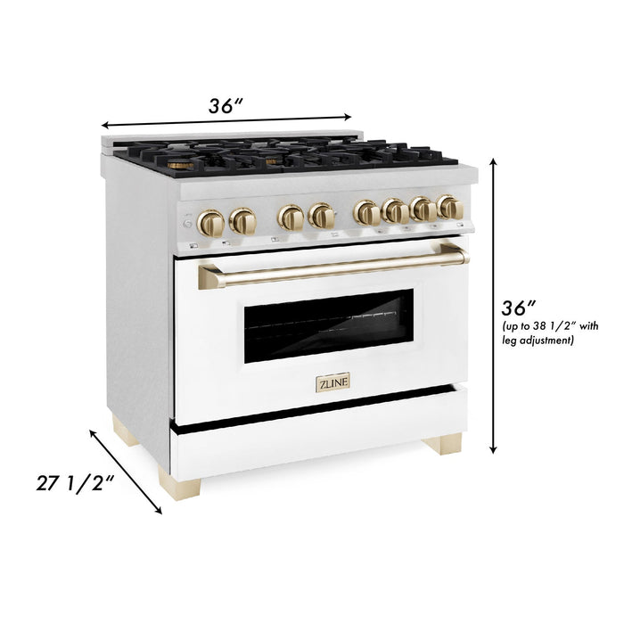 ZLINE 36" Autograph EditionDual Fuel Range in DuraSnow® Stainless Steel with White Matte Door and Gold Accents, RASZ-WM-36-G