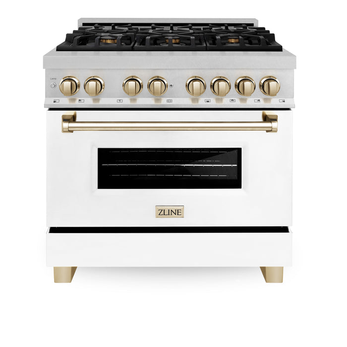 ZLINE 36" Autograph EditionDual Fuel Range in DuraSnow® Stainless Steel with White Matte Door and Gold Accents, RASZ-WM-36-G