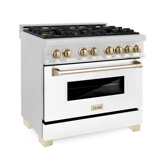 ZLINE 36" Autograph EditionDual Fuel Range in DuraSnow® Stainless Steel with White Matte Door and Gold Accents, RASZ-WM-36-G