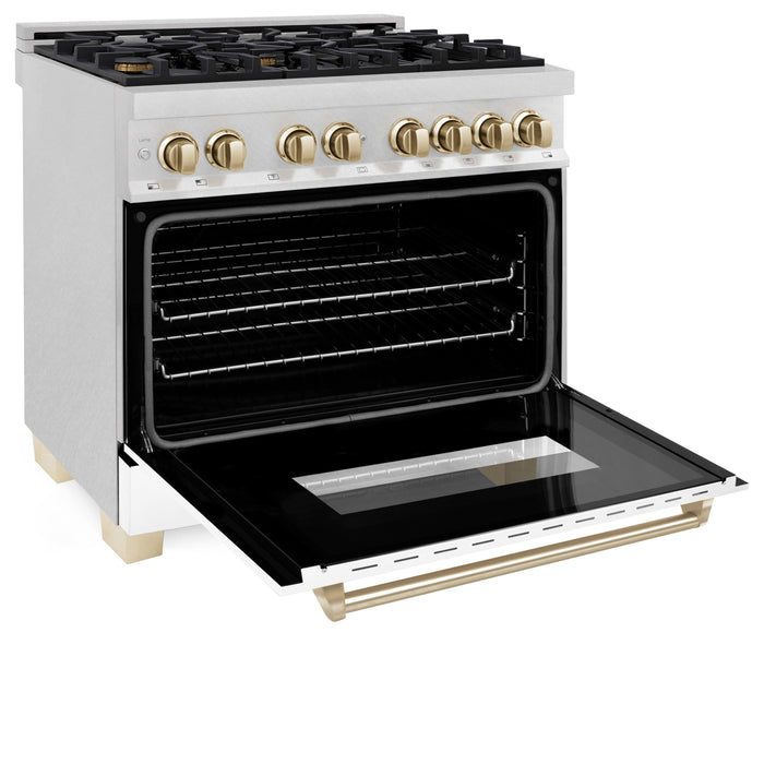 ZLINE 36" Autograph EditionDual Fuel Range in DuraSnow® Stainless Steel with White Matte Door and Gold Accents, RASZ-WM-36-G