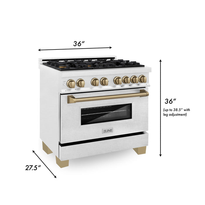 ZLINE 36" Autograph Edition Dual Fuel Range in DuraSnow® Stainless Steel with Champagne Bronze Accents, RASZ-SN-36-CB