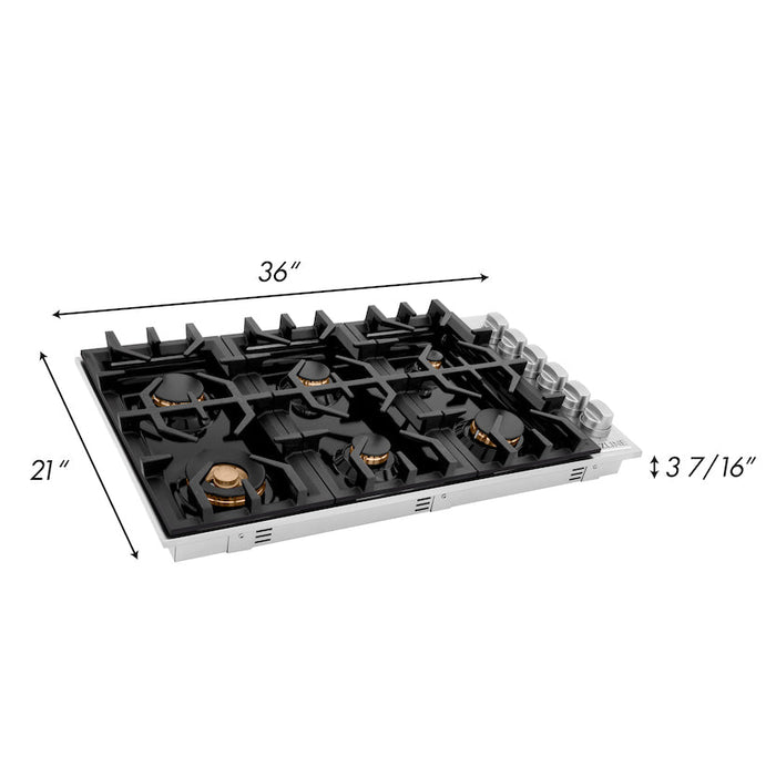 ZLINE 36" Dropin Cooktop with 6 Gas Brass Burners & Black Porcelain Top, RC-BR-36-PBT