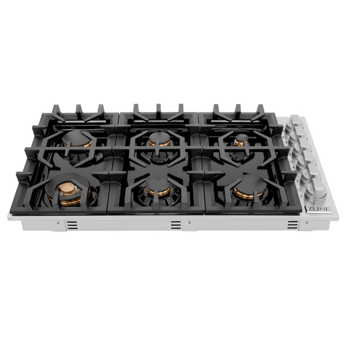 ZLINE 36" Dropin Cooktop with 6 Gas Brass Burners & Black Porcelain Top, RC-BR-36-PBT