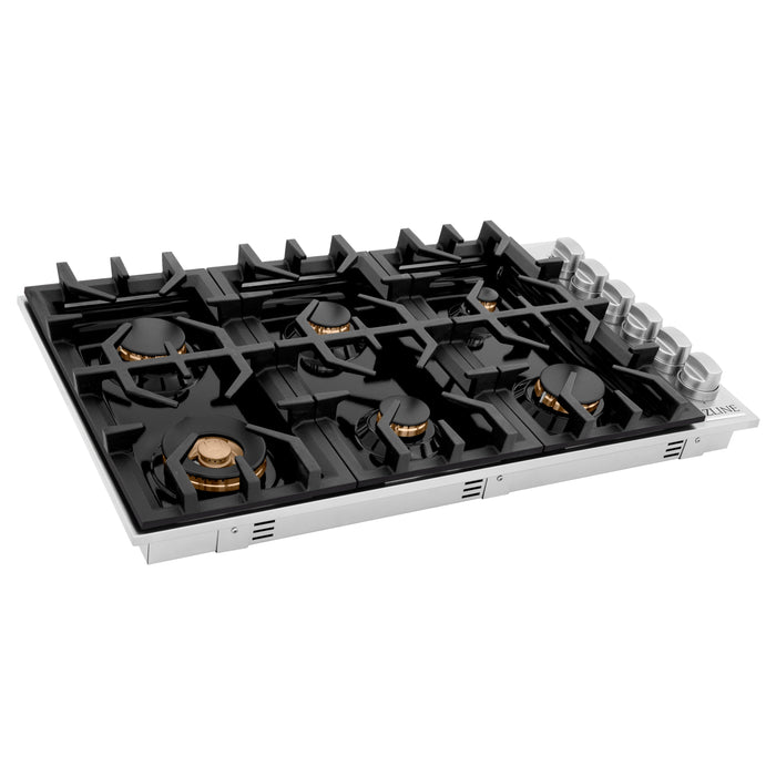 ZLINE 36" Dropin Cooktop with 6 Gas Brass Burners & Black Porcelain Top, RC-BR-36-PBT