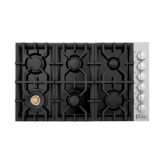 ZLINE 36" Dropin Cooktop with 6 Gas Brass Burners & Black Porcelain Top, RC-BR-36-PBT