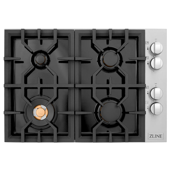 ZLINE 30" Dropin Cooktop with 4 Gas Brass Burners and Black Porcelain Top, RC-BR-30-PBT