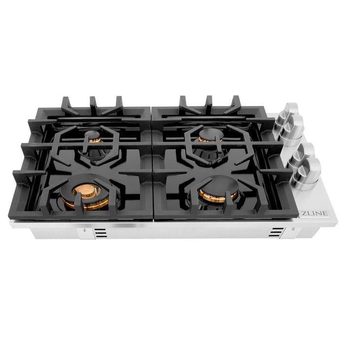 ZLINE 30" Dropin Cooktop with 4 Gas Brass Burners and Black Porcelain Top, RC-BR-30-PBT