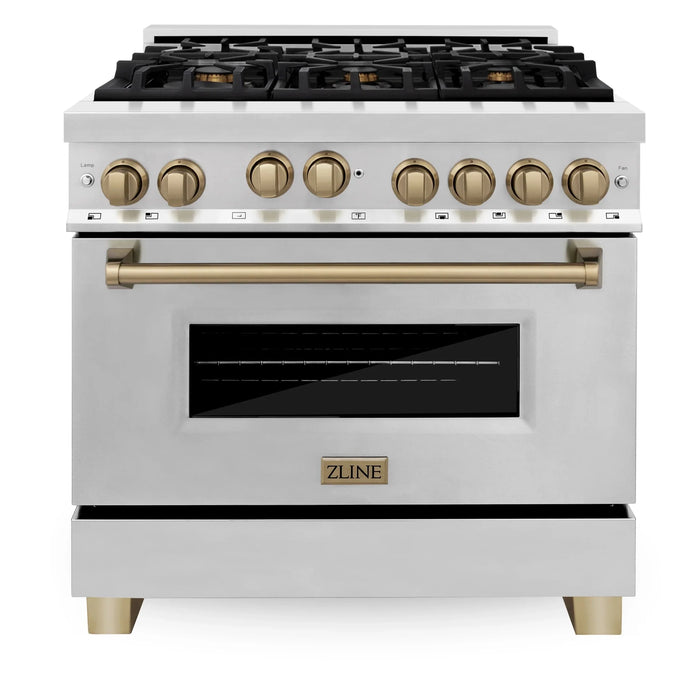 ZLINE 36" Autograph Edition All Gas Range in Stainless Steel with Champagne Bronze Accents, RGZ-36-CB