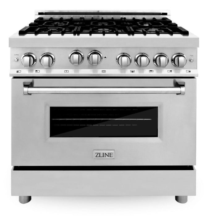 ZLINE Appliance Bundle - 36 in. Gas Range, Range Hood, Microwave Drawer, 3 Rack Dishwasher Package, AB-RG36-5