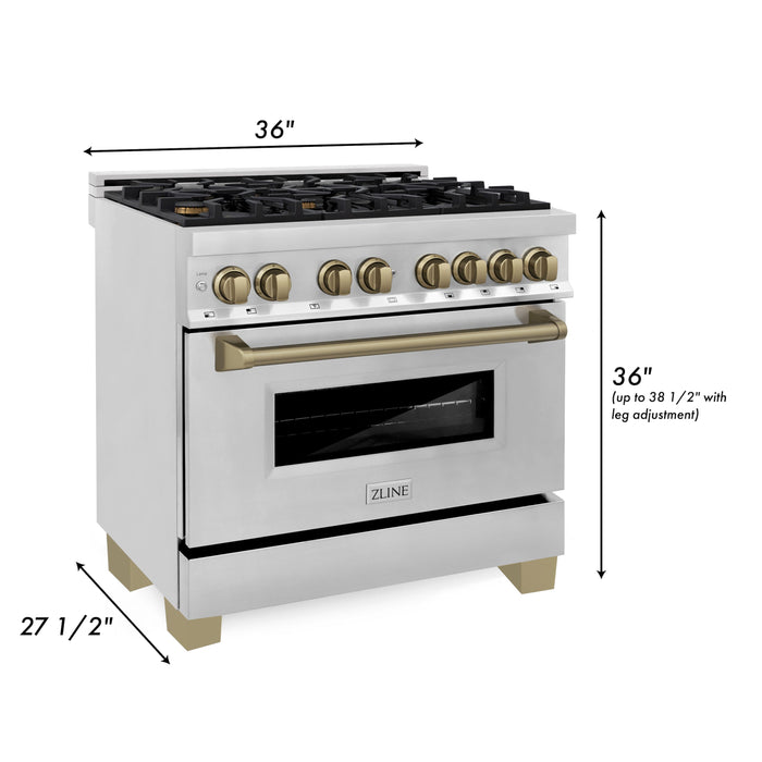 ZLINE 36" Autograph Edition Dual Fuel Range in Stainless Steel with Champagne Bronze Accent, RAZ-36-CB