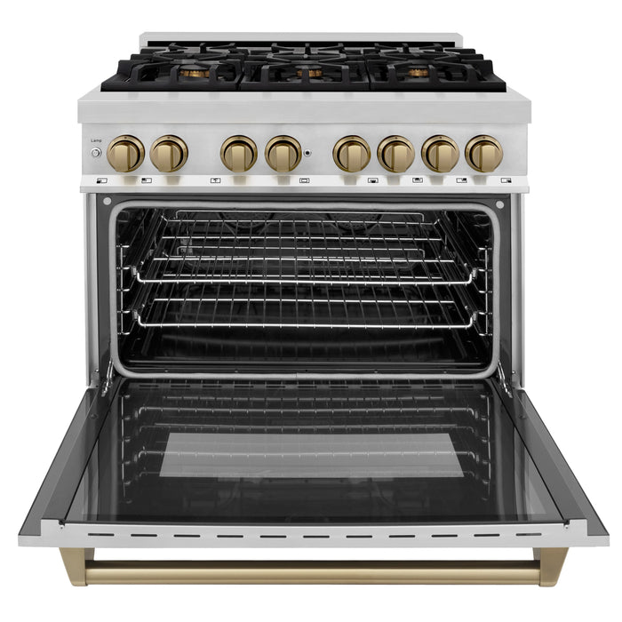 ZLINE 36" Autograph Edition Dual Fuel Range in Stainless Steel with Champagne Bronze Accent, RAZ-36-CB