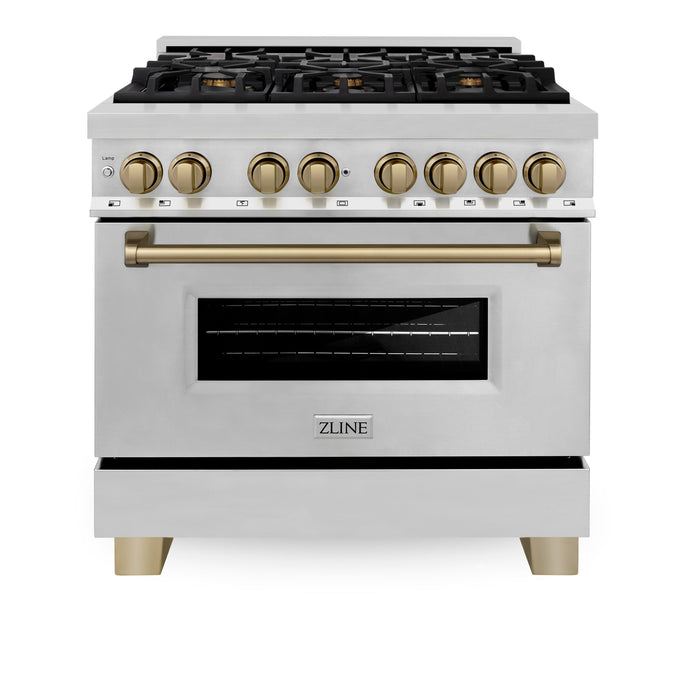 ZLINE 36" Autograph Edition Dual Fuel Range in Stainless Steel with Champagne Bronze Accent, RAZ-36-CB