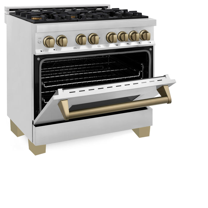 ZLINE 36" Autograph Edition Dual Fuel Range in Stainless Steel with Champagne Bronze Accent, RAZ-36-CB