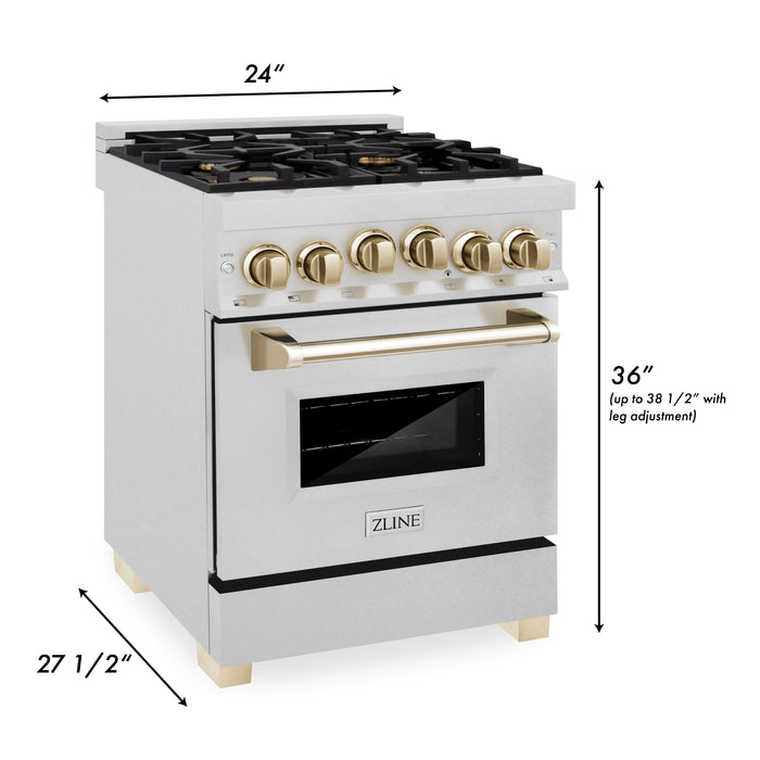 ZLINE 24" Autograph Edition All Gas Range with in DuraSnow® Stainless Steel with Gold Accents, RGSZ-SN-24-G