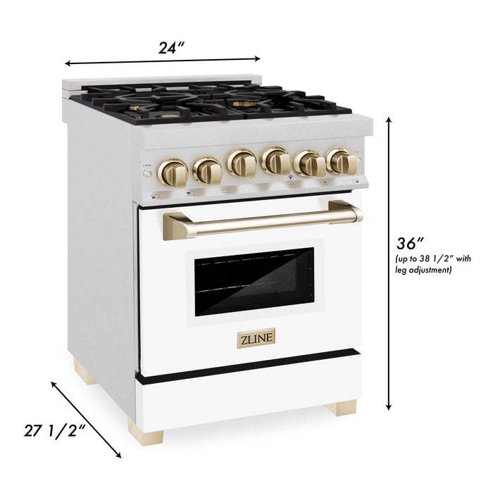 ZLINE 24" Autograph Edition All Gas Range in DuraSnow® Stainless Steel with White Matte Door and Gold Accents, RGSZ-WM-24-G
