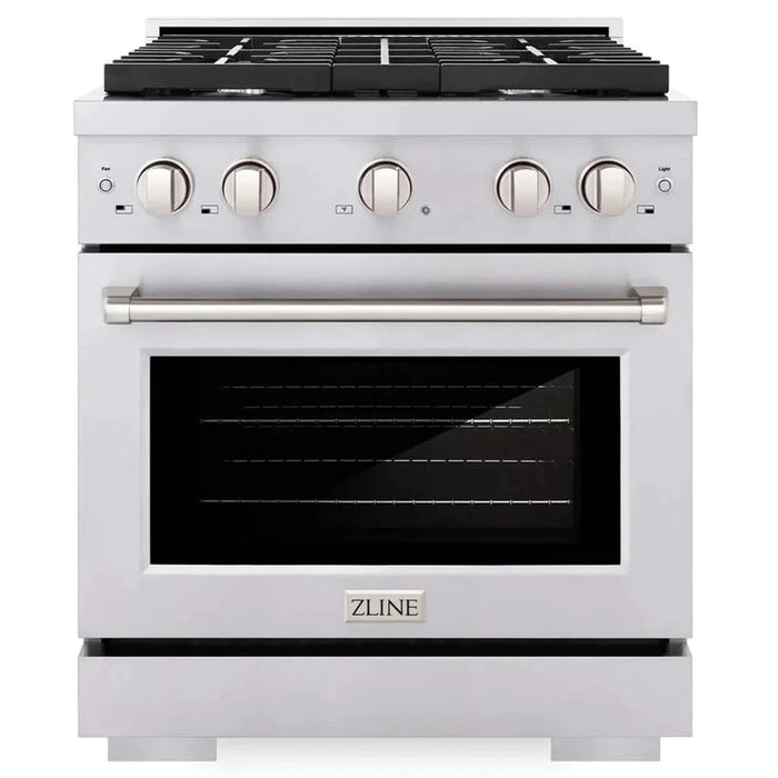 ZLINE Appliance Package - 30 in. Gas Range, 30 in. Range Hood, Microwave Drawer, 3 Rack Dishwasher, Refrigerator, 5KPR-SGRRH30-MWDWV