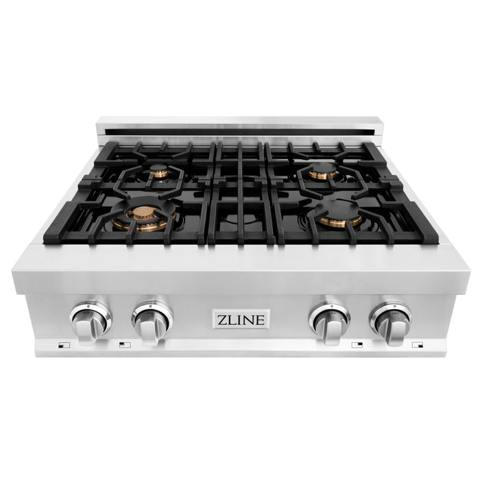 ZLINE 30" Rangetop in Stainless Steel with 4 Gas Brass Burners and Griddle, RT-BR-GR-30