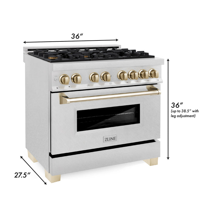 ZLINE 36" Autograph Edition Dual Fuel Range in DuraSnow® Stainless Steel with Gold Accent, RASZ-SN-36-G