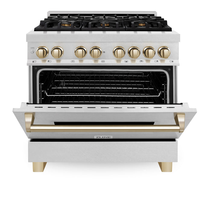 ZLINE 36" Autograph Edition Dual Fuel Range in DuraSnow® Stainless Steel with Gold Accent, RASZ-SN-36-G