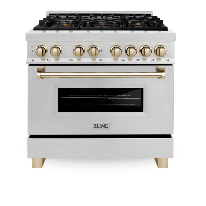 ZLINE 36" Autograph Edition Dual Fuel Range in DuraSnow® Stainless Steel with Gold Accent, RASZ-SN-36-G