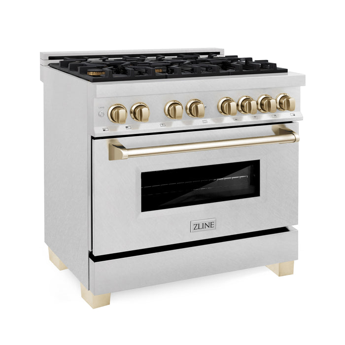 ZLINE 36" Autograph Edition Dual Fuel Range in DuraSnow® Stainless Steel with Gold Accent, RASZ-SN-36-G