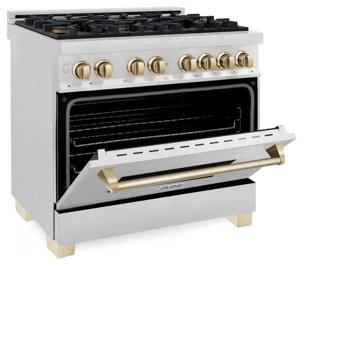 ZLINE 36" Autograph Edition Dual Fuel Range in DuraSnow® Stainless Steel with Gold Accent, RASZ-SN-36-G