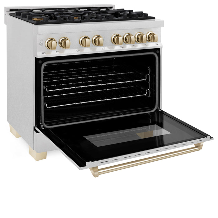 ZLINE 36" Autograph Edition Dual Fuel Range in DuraSnow® Stainless Steel with Gold Accent, RASZ-SN-36-G