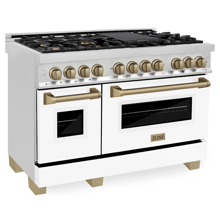 ZLINE 48" Autograph Edition Dual Fuel Range in Stainless Steel with White Matte Doors with Champagne Bronze Accents, RAZ-WM-48-CB