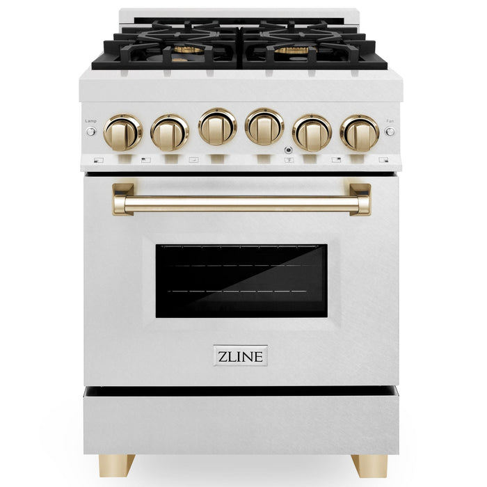 ZLINE 24" Autograph Edition All Gas Range with in DuraSnow® Stainless Steel with Gold Accents, RGSZ-SN-24-G