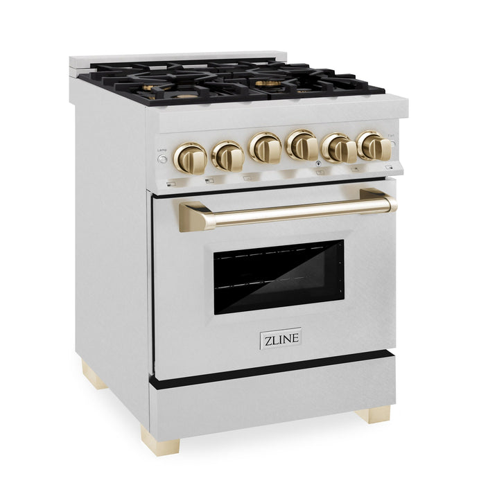 ZLINE 24" Autograph Edition All Gas Range with in DuraSnow® Stainless Steel with Gold Accents, RGSZ-SN-24-G