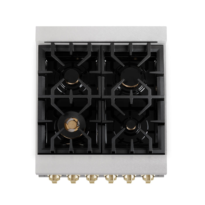 ZLINE 24" Autograph Edition All Gas Range with in DuraSnow® Stainless Steel with Gold Accents, RGSZ-SN-24-G