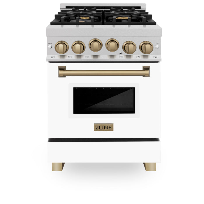 ZLINE 24" Autograph Edition All Gas Range in DuraSnow® Stainless Steel with White Matte Door and Gold Accents, RGSZ-WM-24-CB