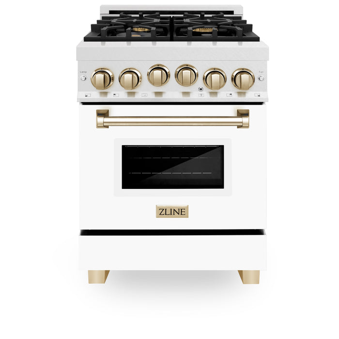 ZLINE 24" Autograph Edition All Gas Range in DuraSnow® Stainless Steel with White Matte Door and Gold Accents, RGSZ-WM-24-G
