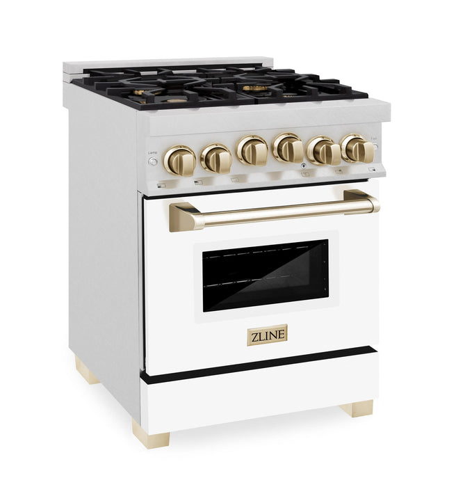 ZLINE 24" Autograph Edition All Gas Range in DuraSnow® Stainless Steel with White Matte Door and Gold Accents, RGSZ-WM-24-G