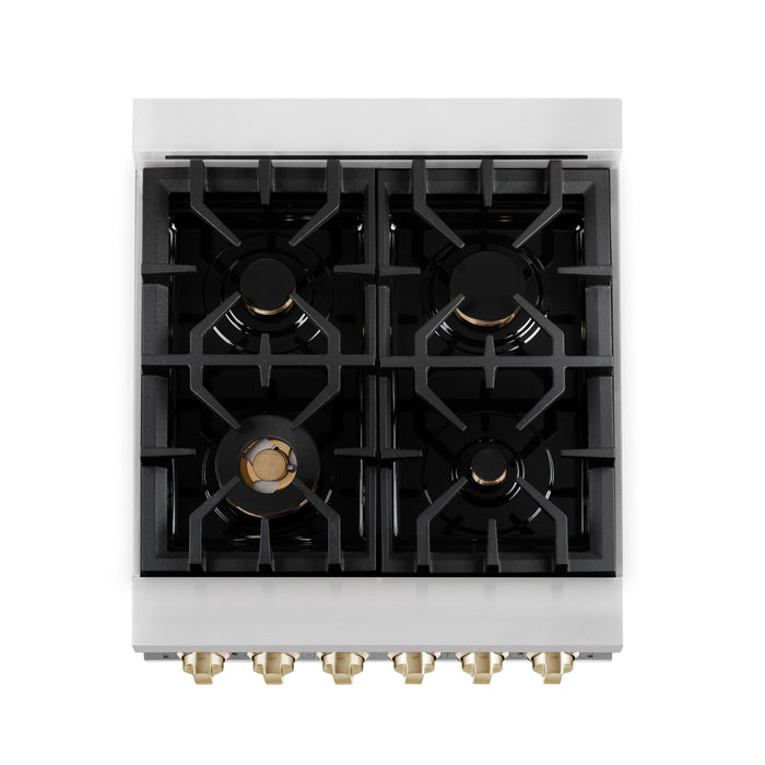 ZLINE 24" Autograph Edition All Gas Range in Stainless Steel with White Matte Door and Gold Accents, RGZ-WM-24-G