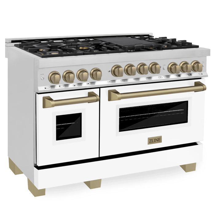 ZLINE 48" Autograph Edition All Gas Range in Stainless Steel with White Matte Doors and Champagne Bronze Accents, RGZ-WM-48-CB