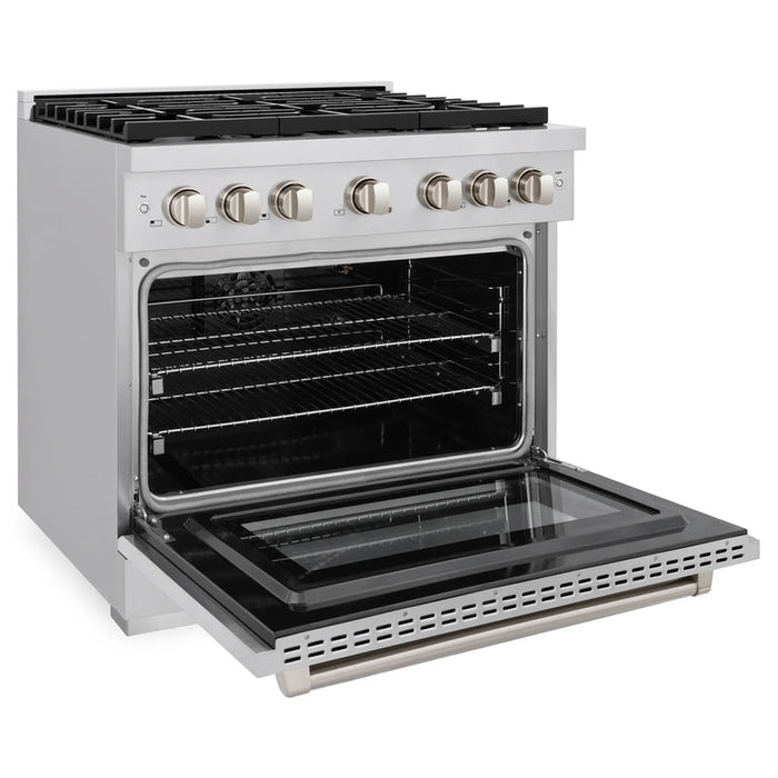 ZLINE Appliance Package - 36 in. Gas Range, Range Hood, Microwave Drawer, 3 Rack Dishwasher, 4KP-SGRRH36-MWDWV