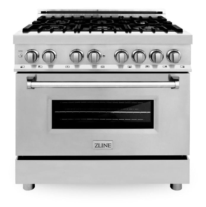 ZLINE Appliance Package 4 Piece Bundle - 36 in. Dual Fuel Range, Range Hood, Microwave Drawer & Dishwasher, AB-RA36-3