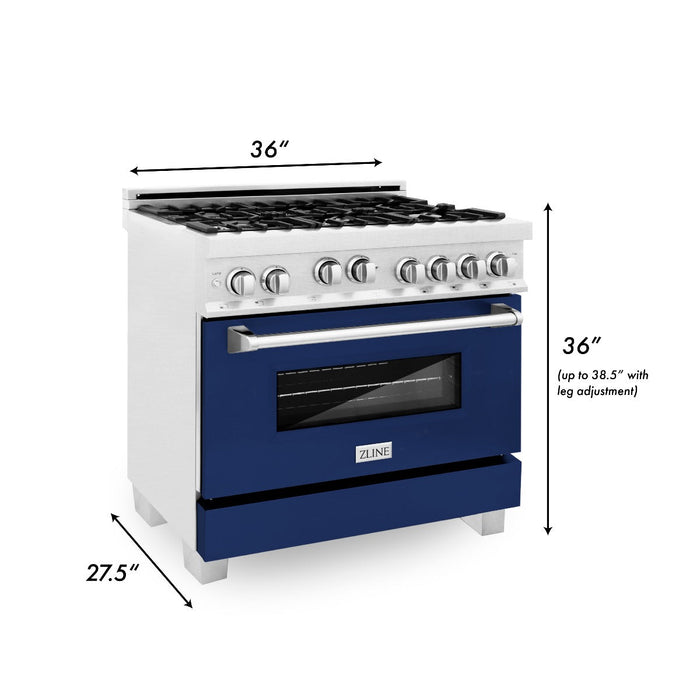 ZLINE 36" All Gas Range in DuraSnow® Stainless Steel with Blue Gloss Door, RGS-BG-36