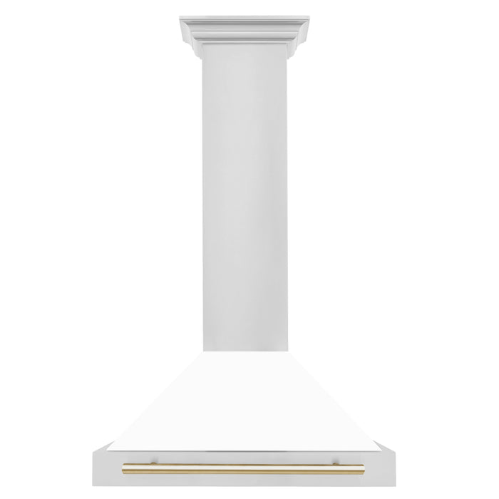 ZLINE 30" Autograph Edition Wall Mount Range Hood in Stainless Steel with White Matte Shell and Gold Handle, KB4STZ-WM30-G