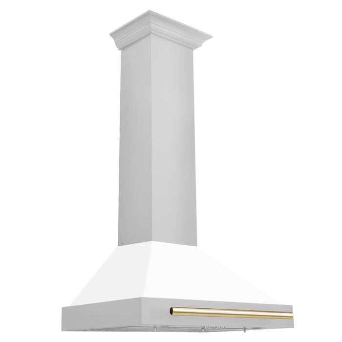 ZLINE 30" Autograph Edition Wall Mount Range Hood in Stainless Steel with White Matte Shell and Gold Handle, KB4STZ-WM30-G