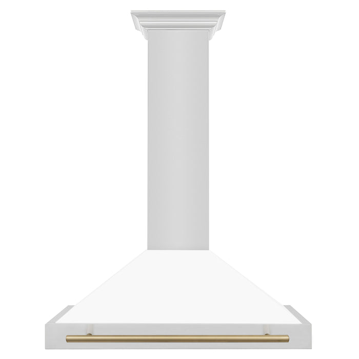 ZLINE 36" Autograph Edition Wall Mount Range Hood in Stainless Steel with White Matte Shell and Champagne Bronze Handle, KB4STZ-WM36-CB